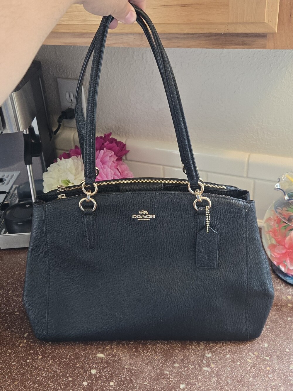 Coach Christie Carryall Crossgrain Leather Tote Black F57525 Gold Hardware